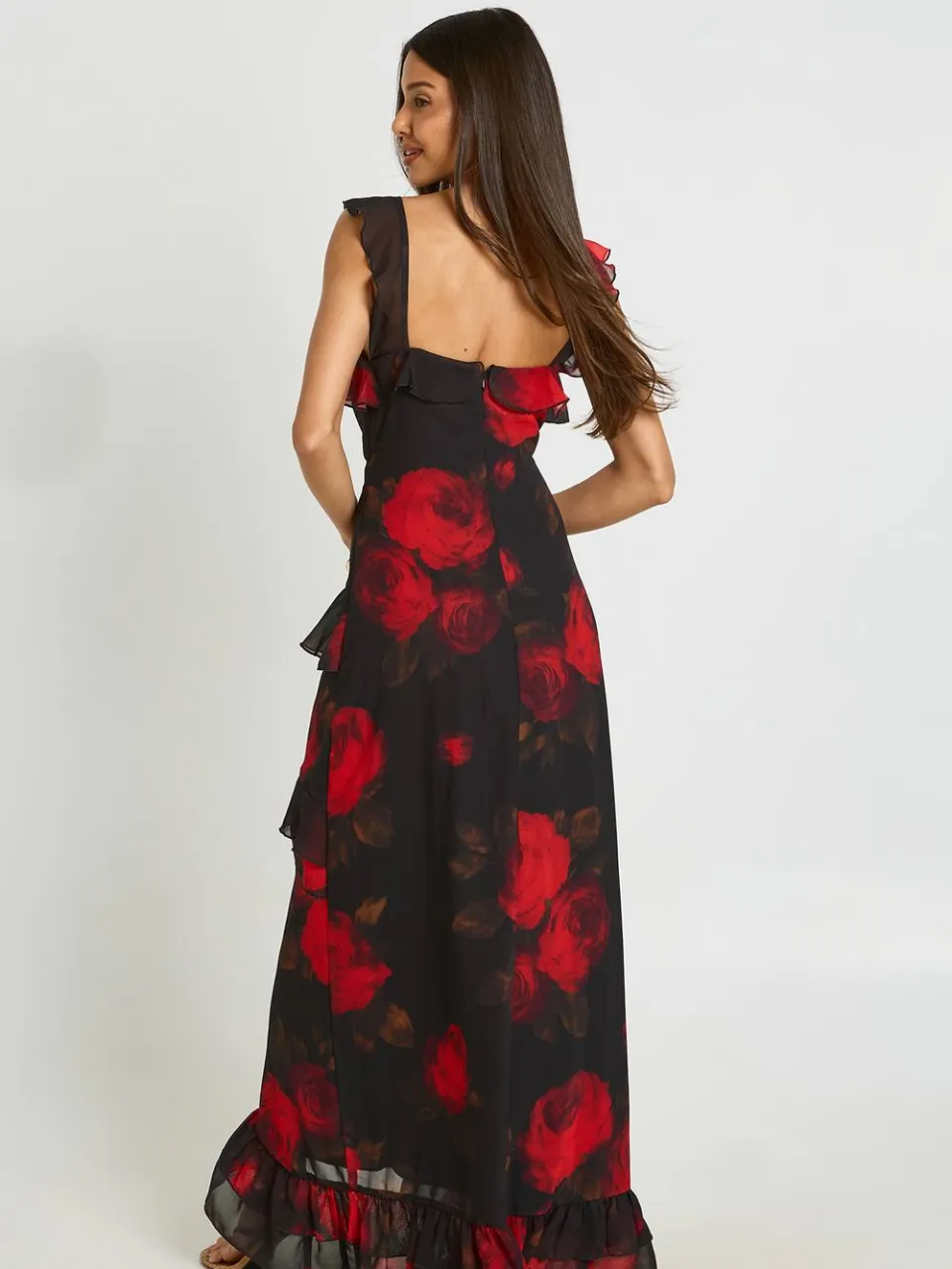 boohoo Dames Gebloemde Chiffon Maxi Jurk Met Gelaagde Ruches zwart, foto 2