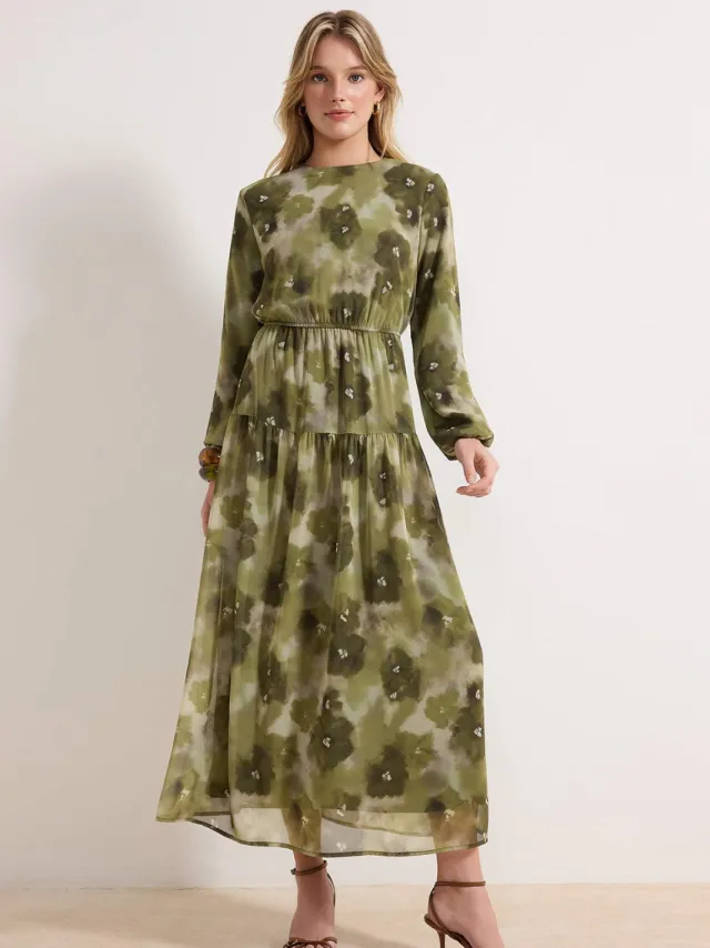 Turkishsouq Lange maxi-jurk met bloemenprint voor dames, casual/dagelijks, A-lijn model, geschikt voor hijab. Groen