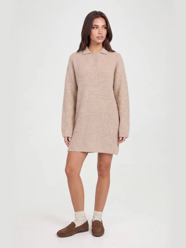 boohoo Dames Oversized Gebreide Mini-jurk Met Kraagdetail In Rugbystijl Steen