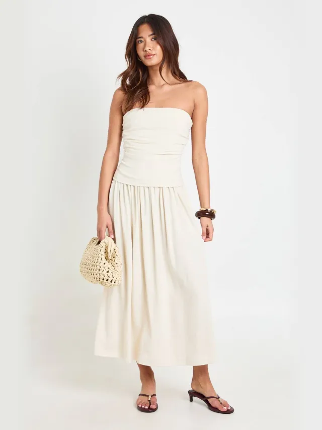 boohoo Dames Premium Linnen Bandeau Midaxi Jurk neutral