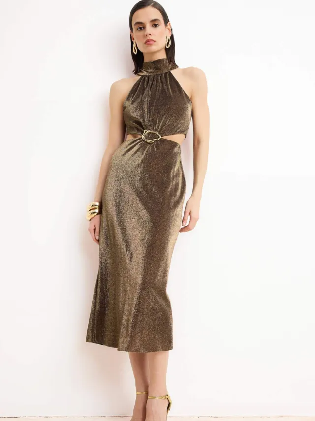 Turkishsouq Platte, mouwloze maxi-jurk voor dames, chique/avondjurk in A-lijn model Goud