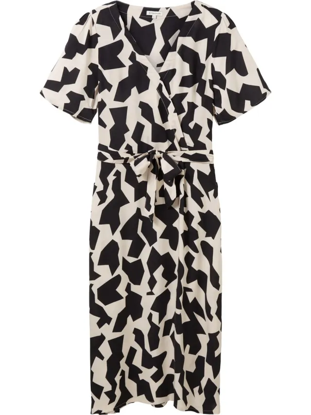 Tom Tailor printed dress with wrap Dames Jurk 32145 black big abstract design