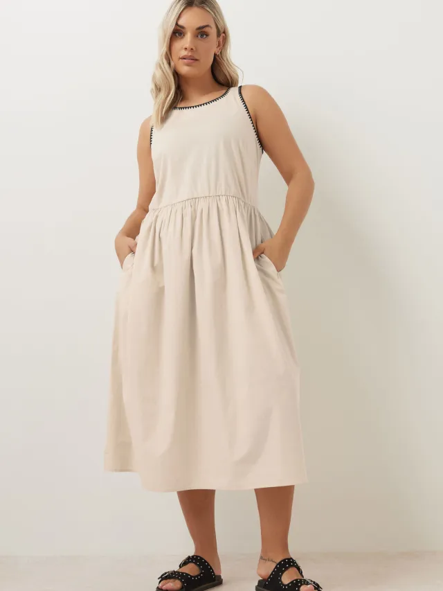 Yours Midi Jurk Met Contrasterende Stiksels En Zakken In Beige-60 Cream