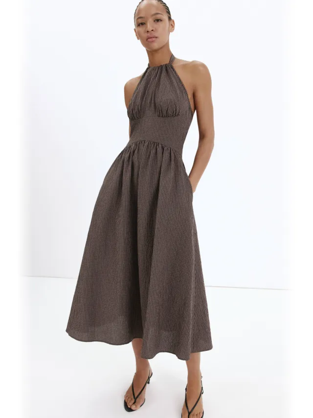 Mango halter geruite midi jurk met open rug - bruin