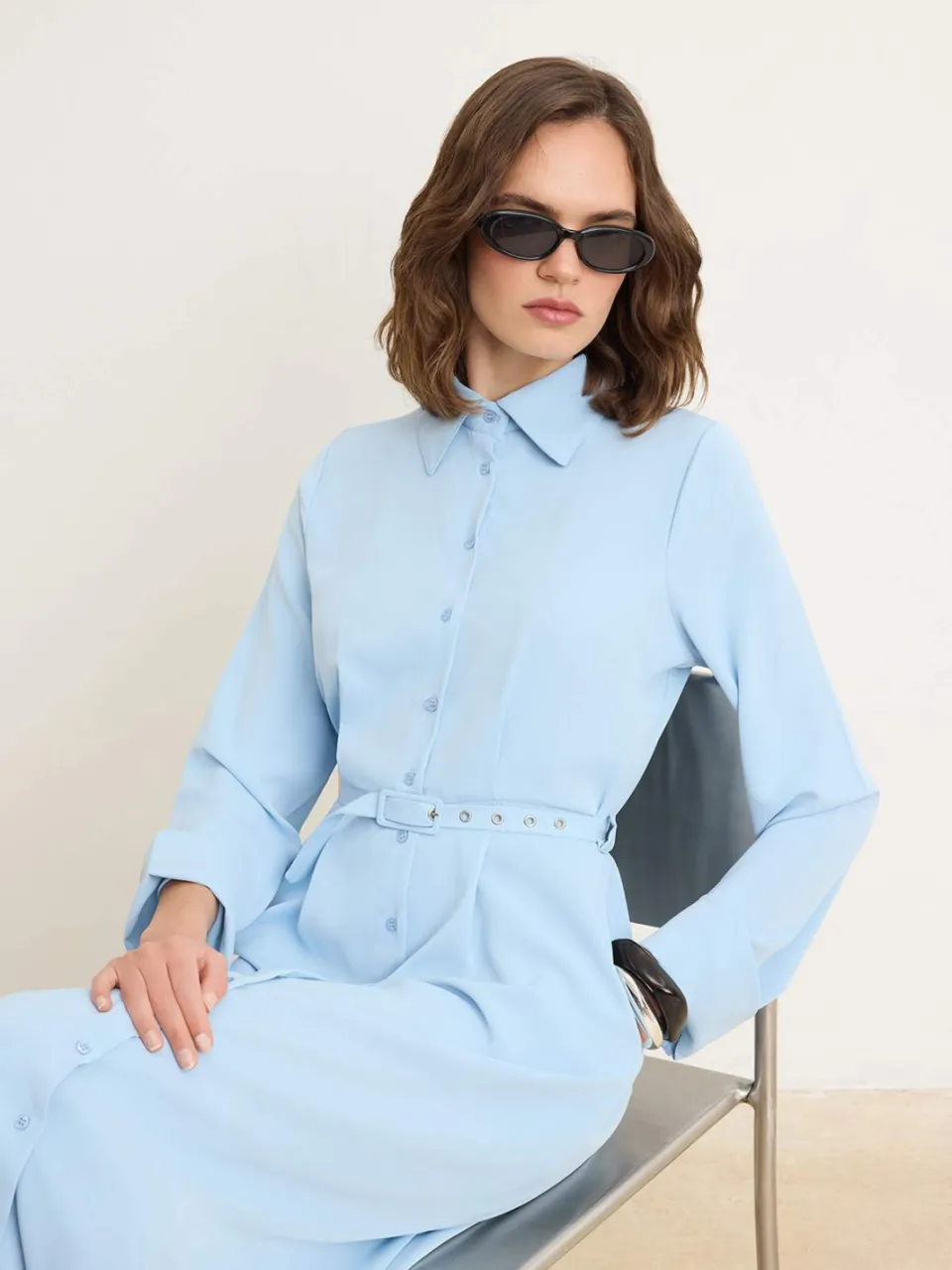 Trendyol Modest Dames Blauw Effen Maxi Lang Casual Skater Modest Jurken, foto 2