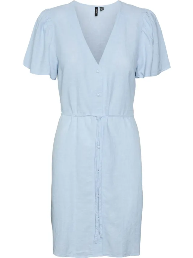 Vero Moda VMLINN SS V-NECK TIE SHORT DRESS WVN - Dames - Mini jurken Airy Blue