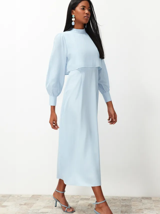 Trendyol Modest Dames Blauw Effen Maxi Lang Casual A-lijn Modest Jurken