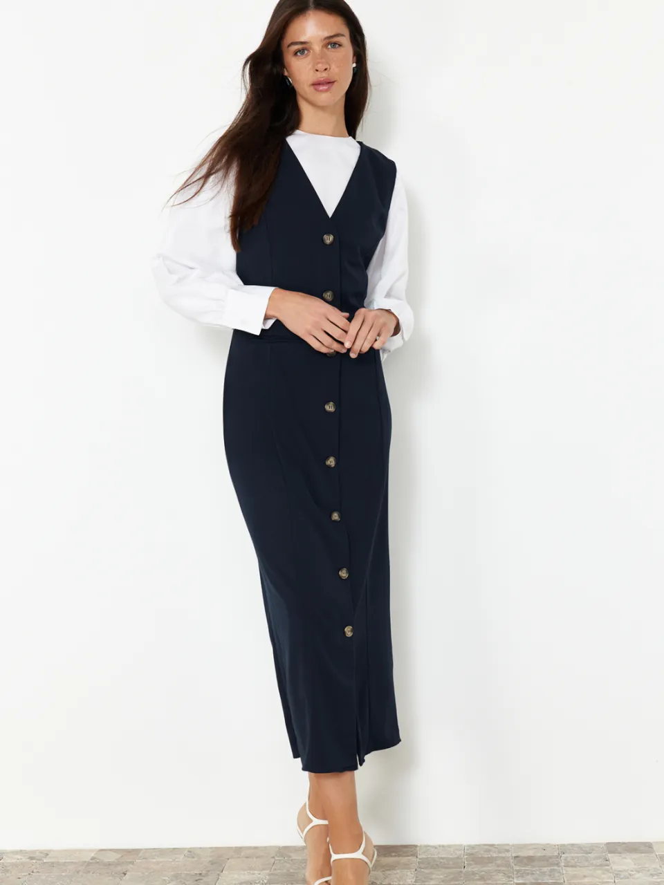 Trendyol Modest Dames Donkerblauw Effen Maxi Lang Casual Gilet Modest Jurken Marineblauw/Blauw
