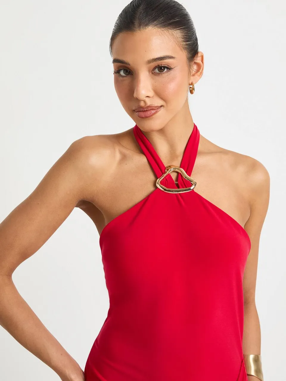 boohoo Dames Mini-jurk met halterneck en strikdetail rood, foto 4