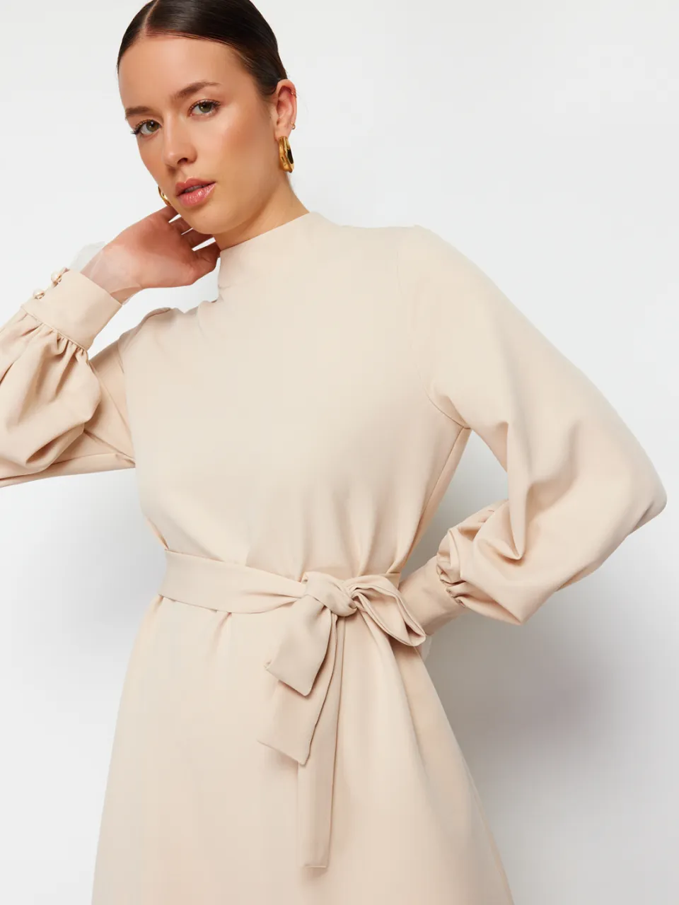 Trendyol Modest Dames Ecru Effen Maxi Lang Casual A-lijn Modest Jurken, foto 2