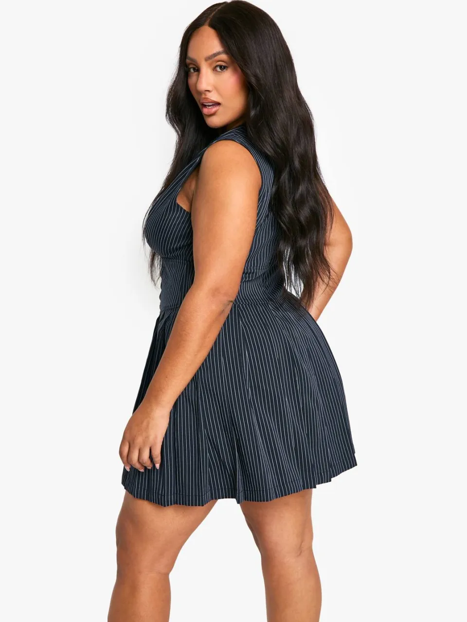 boohoo Dames Plus Geweven Streep Diepe V-hals Geplooide Jurk marineblauw, foto 2
