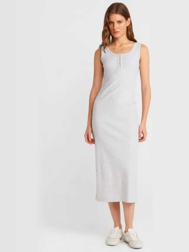 Dilvin Gestreepte Midi Bodycon Jurk Met Knopen Lichtgrijs