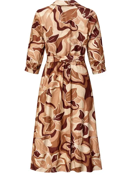 Smashed Lemon Midi jurk met bloemenprint in bruin en beige en ceintuur, foto 2