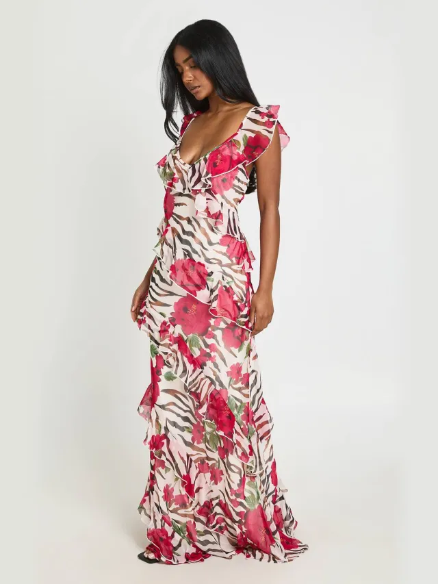 boohoo Dames Chiffon Ruches Bloemen Zebra Polka Dot Maxi Jurk Zwart