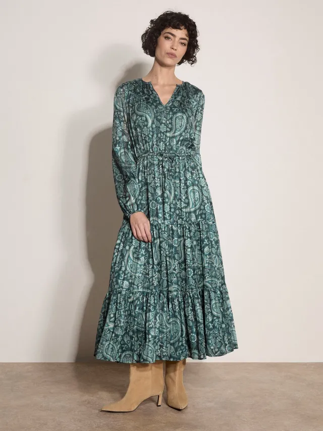Apricot Midi-jurk van satijn met glanzend paisleypatroon Groen