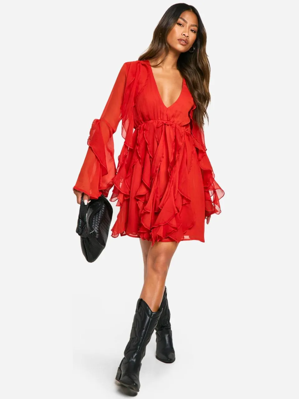 boohoo Dames Ruffle Flare Sleeve Mini Dress Russet