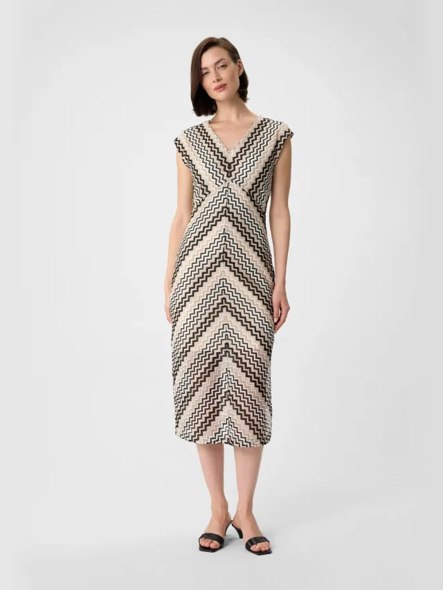Comma female - Midi-jurk met opengewerkt zigzagpatroon beige