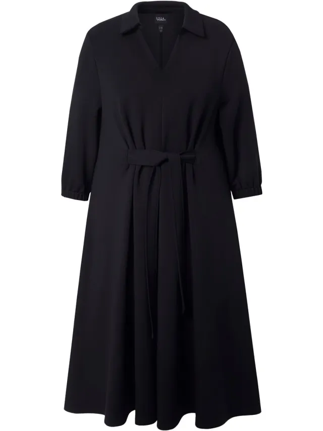 Ulla Popken Dames - Sweatjurk A-lijn overhemdkraag 3/4-mouwen modalmix - Zwart - Maat 42+