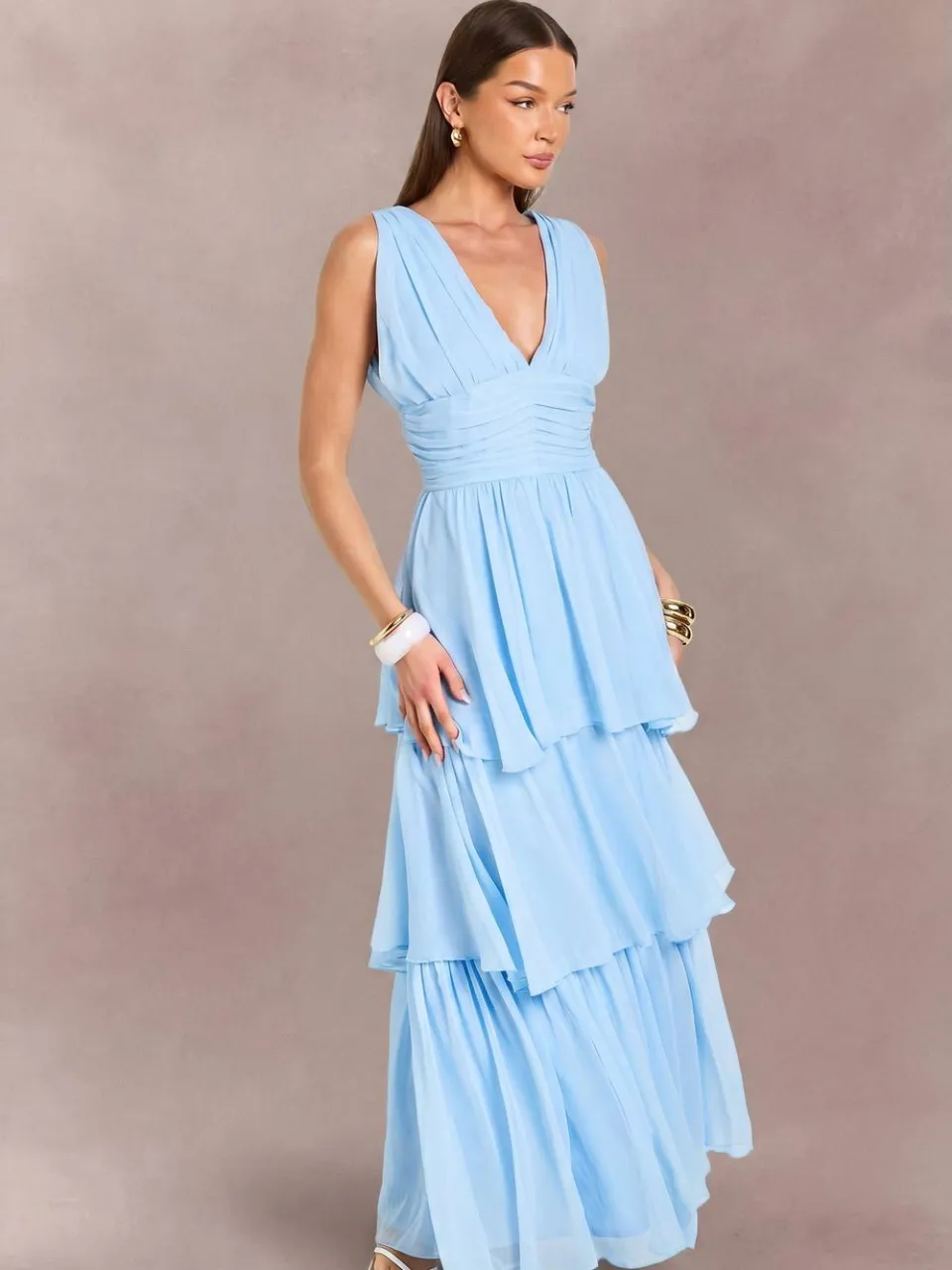 boohoo Dames Chiffon Maxi Jurk Met Diepe V-hals En Gelaagde Rok pastelblauw, foto 3
