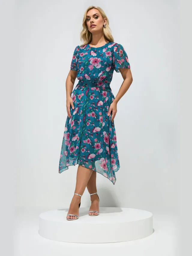 Yours London Tealblauwe Jurk Met Bloemenprint En Ruchezoom Blue