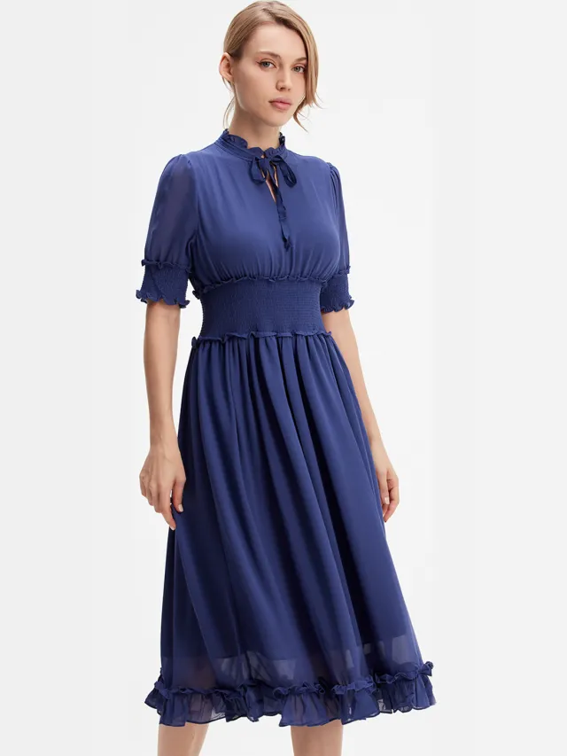 S&J Weekends Chiffon -jurk met korrels en kleine ruches Blauw