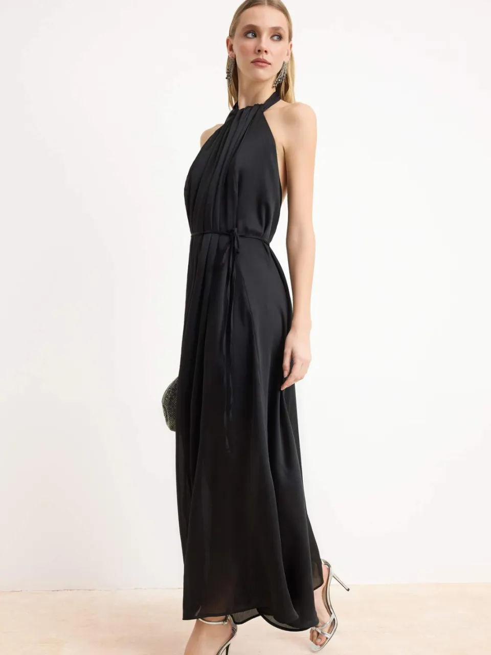 Turkishsouq Dames maxi-jurk met bloemenprint, mouwloos, chique/avondmodel, A-lijn Zwart