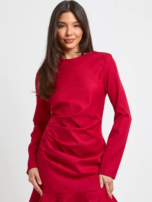 boohoo Dames Geplooid Mini-jurkje Met Ruchemouwen Rood
