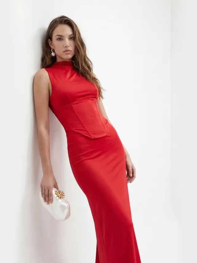 Trendyol TRENDYOLMİLLA Dames Rood Effen Maxi Mouwloos Bodycon Jurken