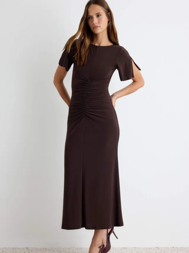 Trendyol TRENDYOLMİLLA Dames Bruin Effen Midi Kort Bodycon Jurken