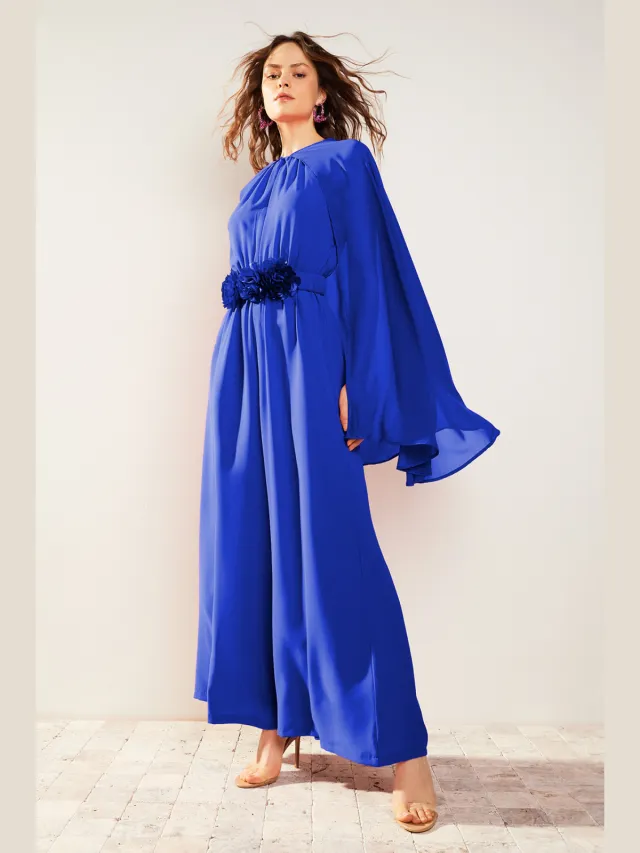Trendyol Modest Dames Blauw Effen Maxi Mouwloos Stijlvol/Avond Skater Modest Avond Jurken Kobaltblauw
