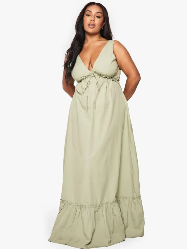 boohoo Dames Plus Katoenen Popeline Maxi-Jurk met Ruche en Strikdetail Verstandig