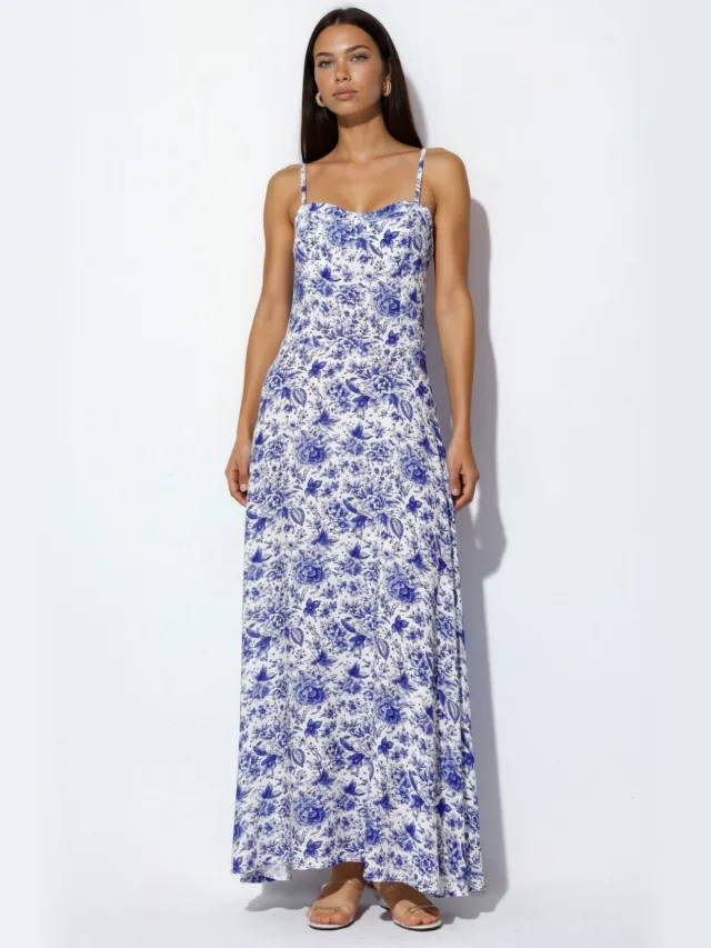 Hiccup Bloemrijke maxi-jurk van viscose met hartvormige halslijn Blauw