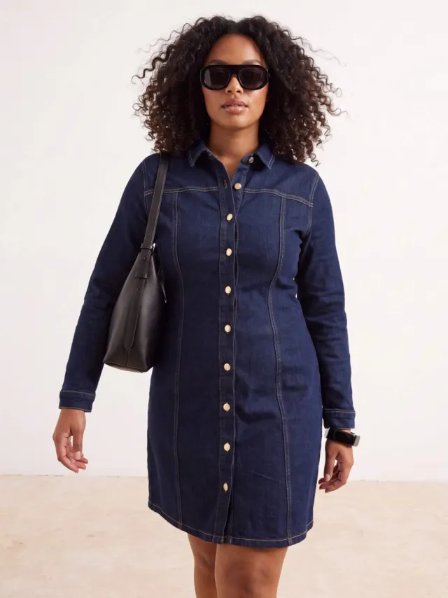 Trendyol Curve Dames Blauw Effen Kort / Mini Lang Casual A-lijn Grote maten Jurk