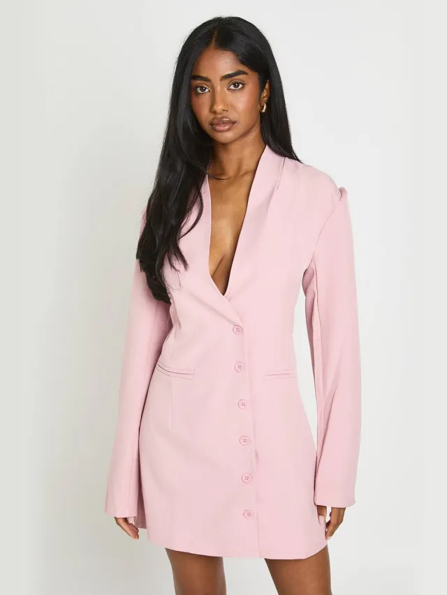 boohoo Dames Getailleerde Blazerjurk Met Schoudervulling, Diepe V-hals En Knoopsluiting Roos