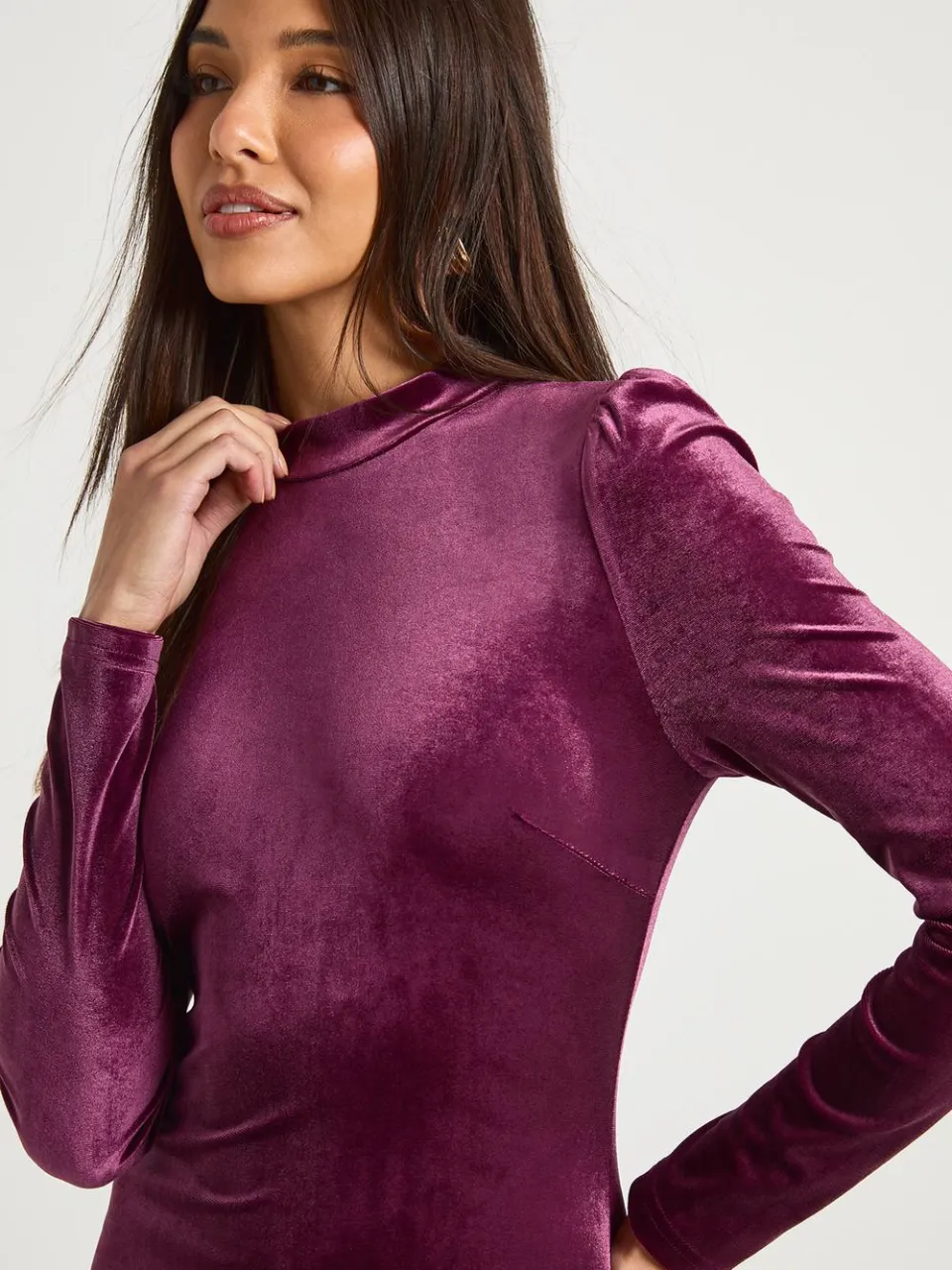 boohoo Dames Fluwelen mini-jurk met hoge hals en verenzoom pruim, foto 4