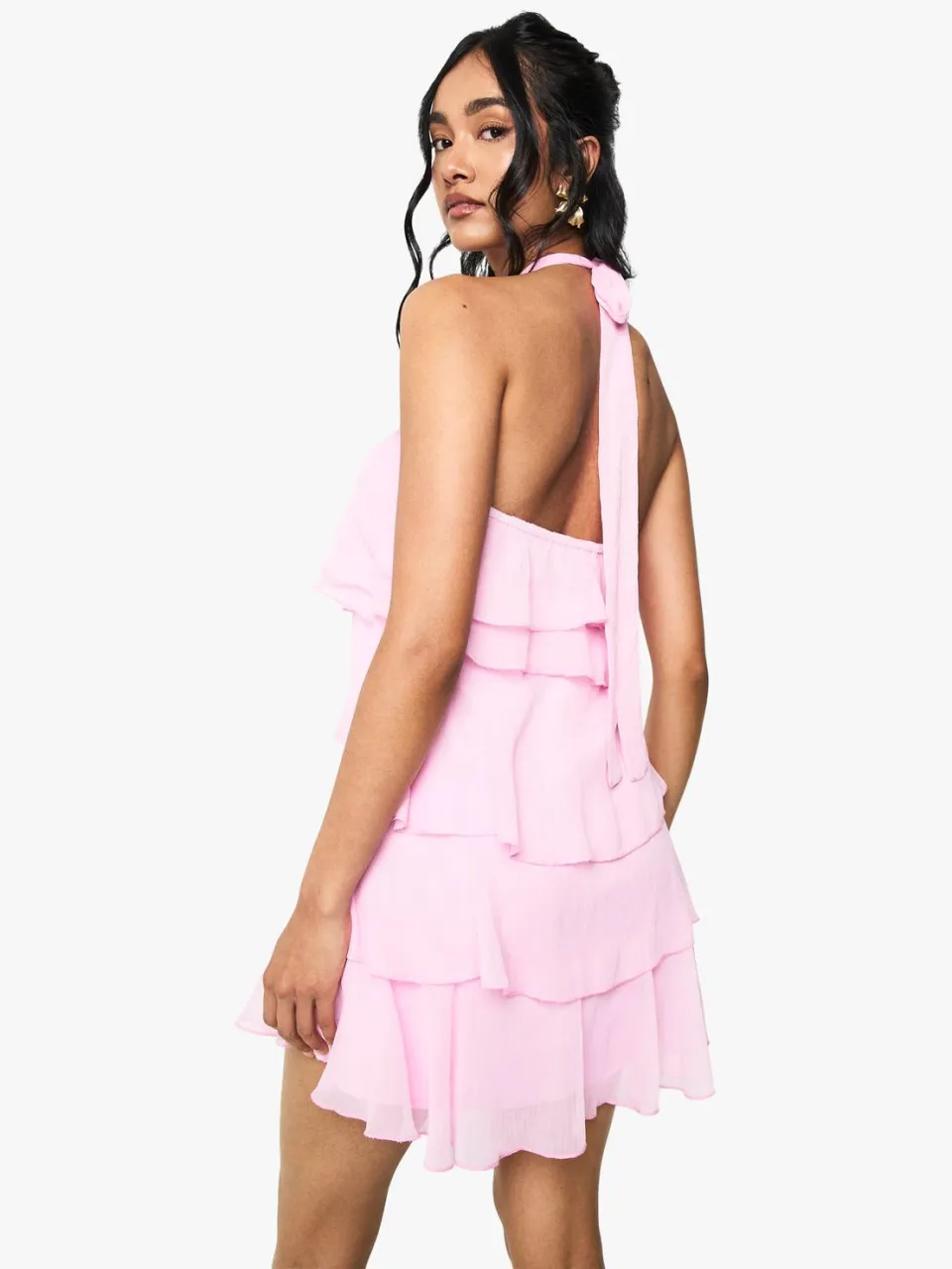 boohoo Dames Halterneck Tie Gerafelde Laagjes Minijurk baby roze, foto 3