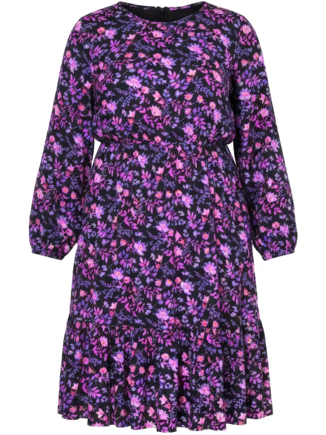 Angel of Style Dames - Midi-jurk A-lijn bloemmotief lange mouw volant - Zwart
