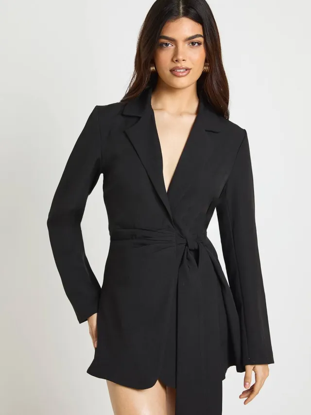 boohoo Dames Wikkel Draperie Voorkant Getailleerde Blazer Jurk Zwart