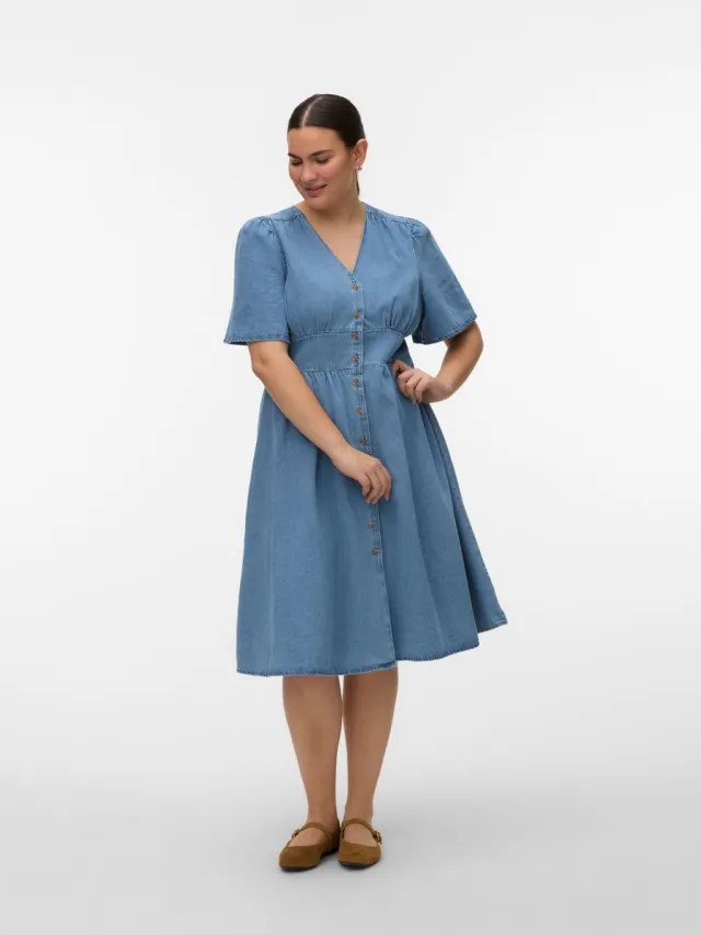 Vero Moda Curve Denim jurk VMCMELANEY Midi-jurk Light Blue Denim 1