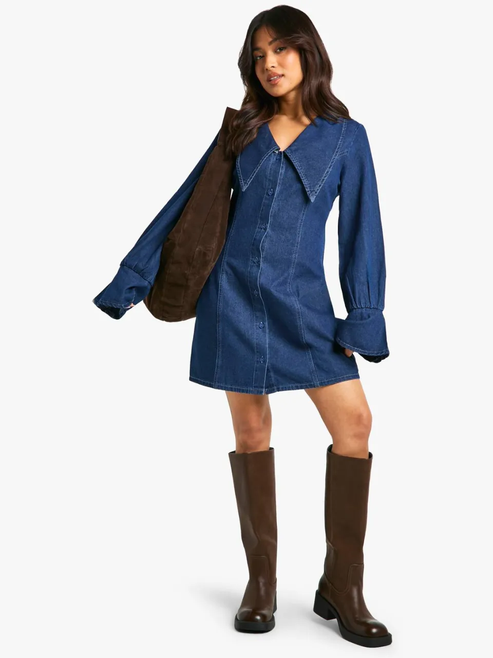 boohoo Dames Petite Kraag Detail Denim Shiftjurk, foto 3