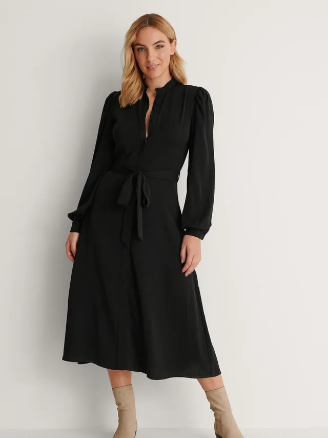 NA-KD Balloon Sleeve Midi Dames Jurk Black