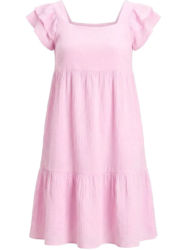 Angel of Style Dames - Mousseline jurk vierkante hals volants - Lichtroze