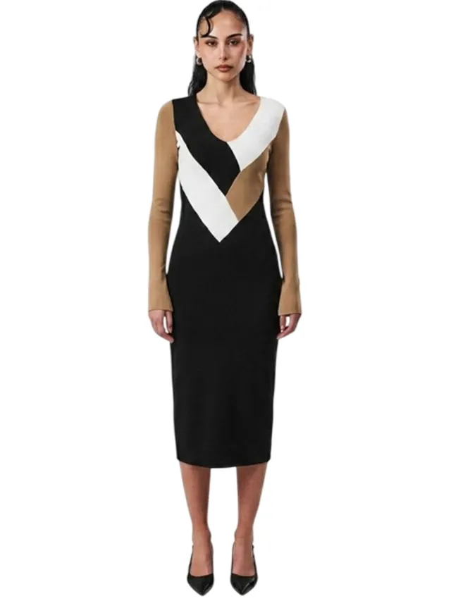 Boss Florency viscose slanke midijurk voor dames (Zwart/Bruin/Wit)
