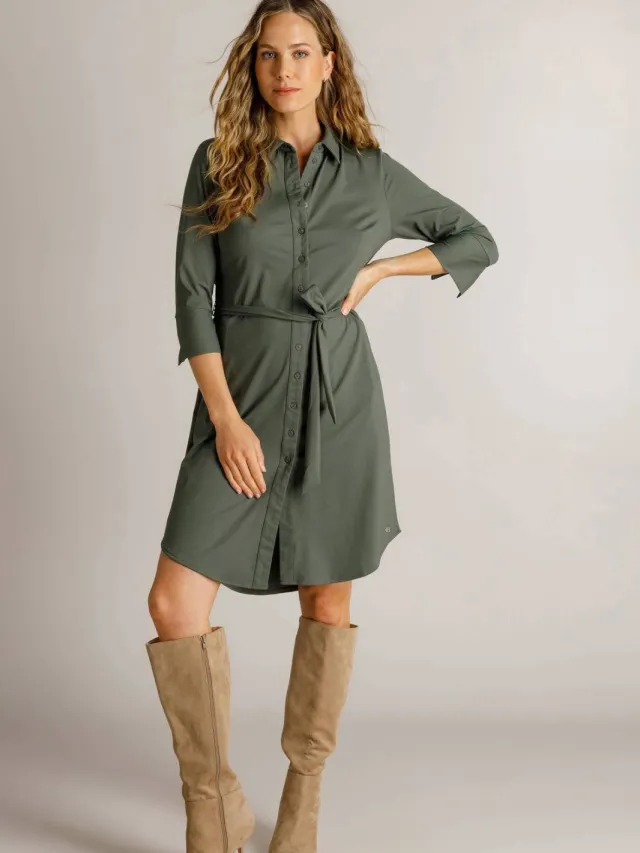 Ivy Beau midi blousejurk van travelstof - olijfgroen