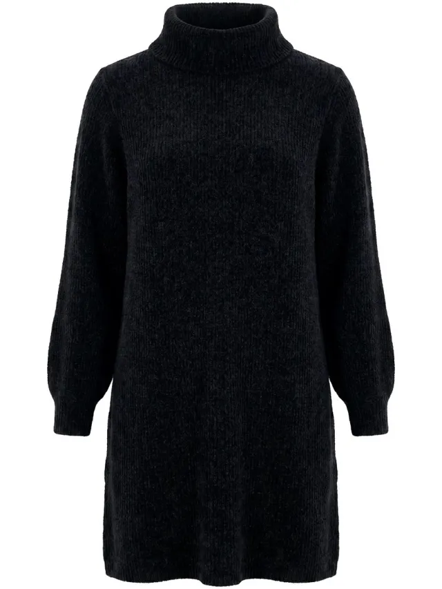 Ulla Popken Dames - Gebreide jurk chenille A-lijn col lange mouwen - Zwart - Maat 62+