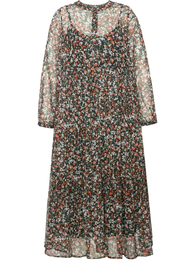 Studio Untold Dames - Maxi-jurk A-lijn dubbel gelaagd bloemenprint - Zwart - Maat 42+