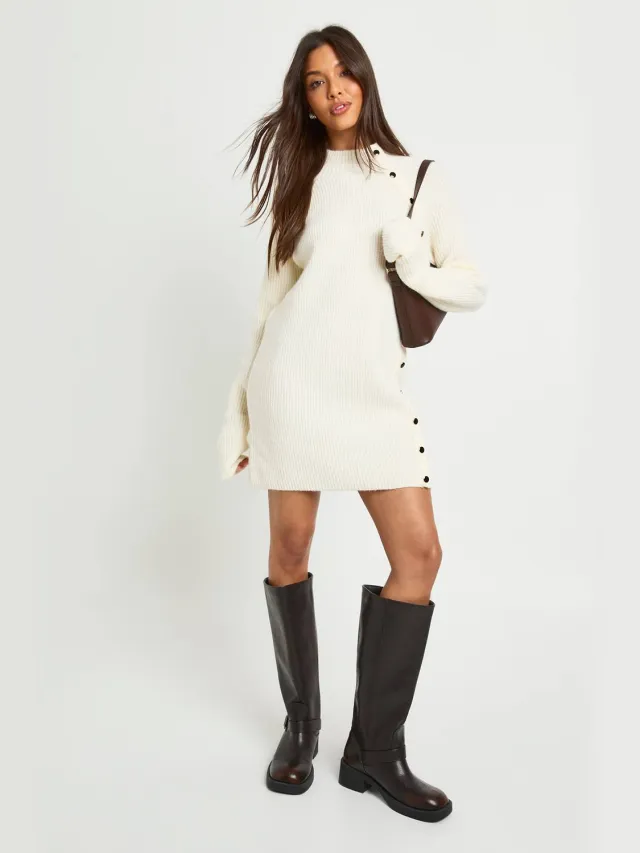 boohoo Dames Knoopdetail gebreide mini-jurk Crème