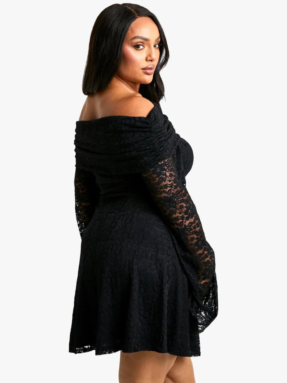 boohoo Dames Plus Kant Off-Shoulder Uitlopende Skaterjurk zwart, foto 3