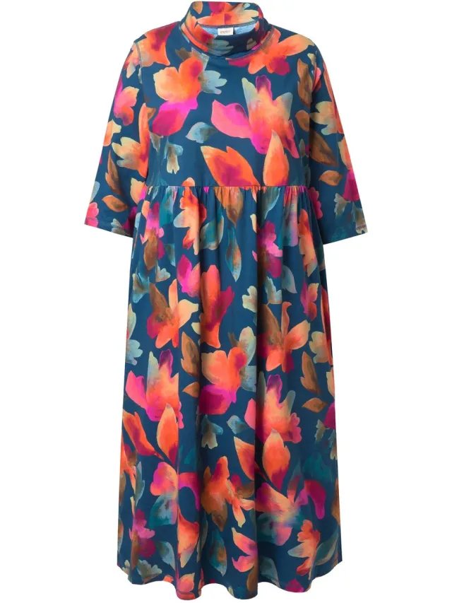 Ulla Popken Dames - Jersey maxi-jurk opstaande kraag 3/4-mouw - Marine - Maat 54+