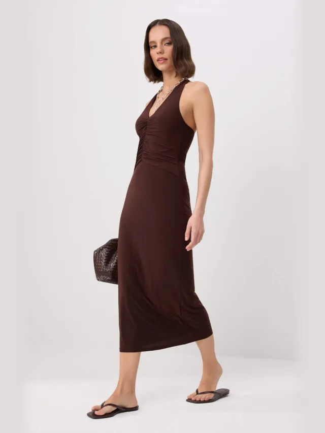 Trendyol TRENDYOLMİLLA Dames Bruin Abstract Midi Mouwloos Bodycon Jurken, foto 2